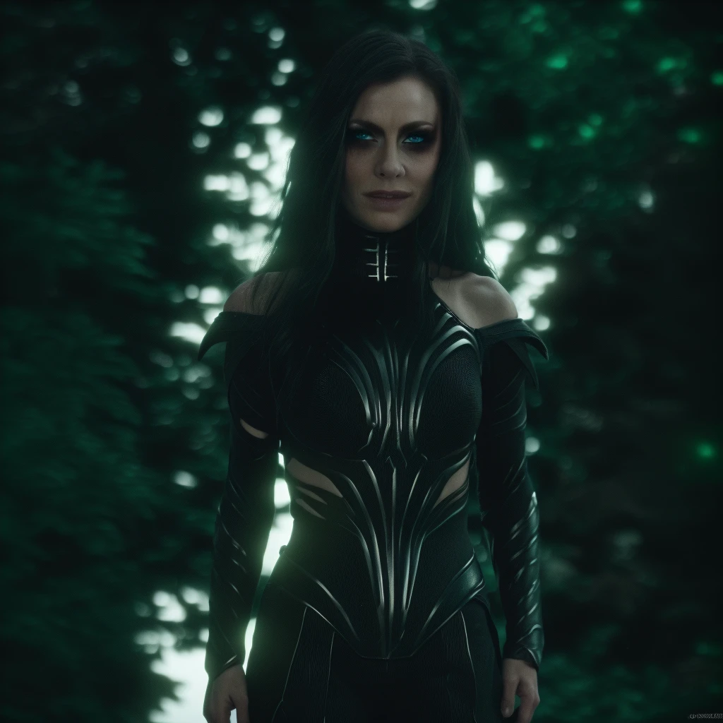 Best_QualityPos, RAW photo, intricate details, best quality, 8k uhd, soft lighting, 1girl, solo, black hair, long hair, armor, bare shoulders, Blue eyes, forest