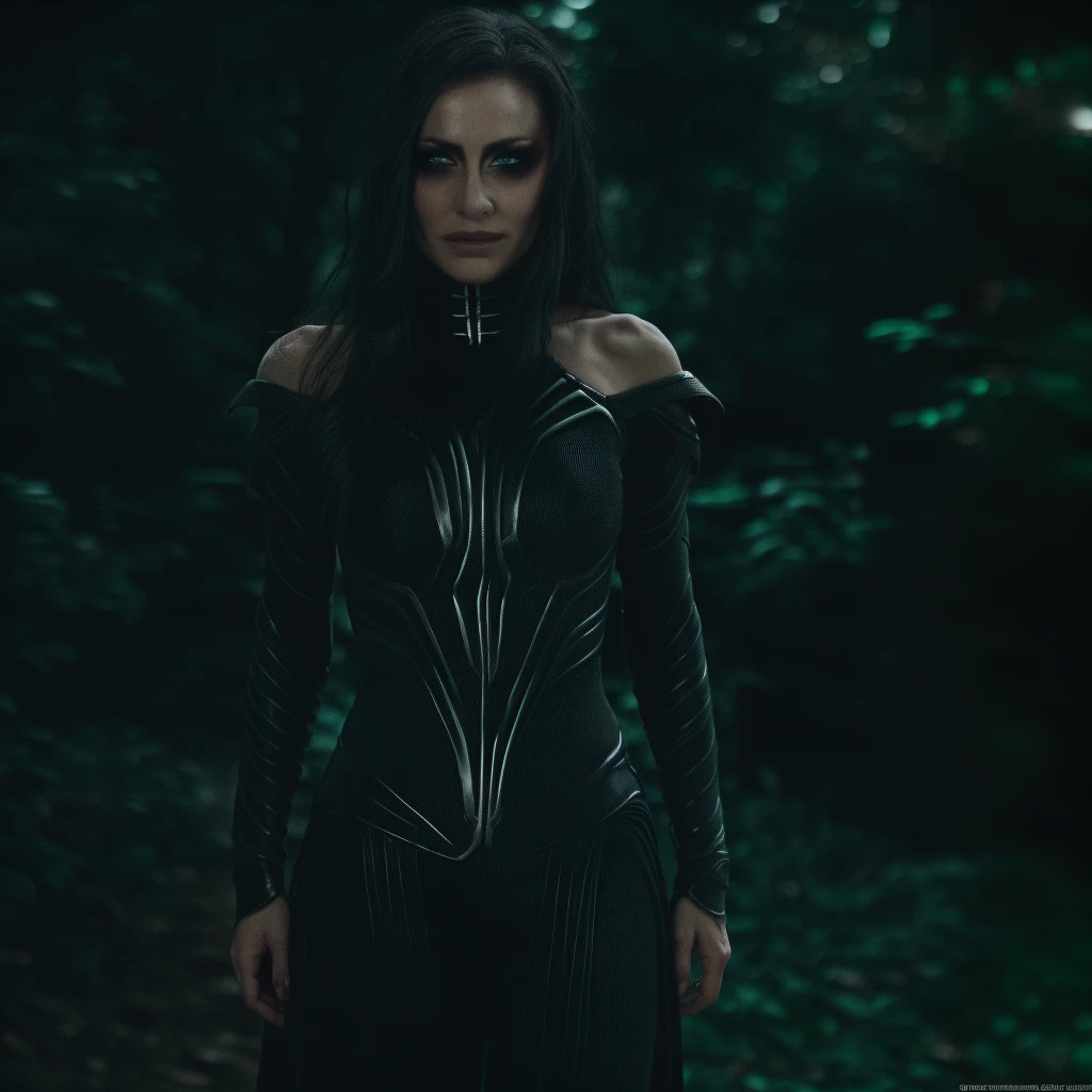 Best_QualityPos, RAW photo, intricate details, best quality, 8k uhd, soft lighting, 1girl, solo, black hair, long hair, armor, bare shoulders, Blue eyes, forest