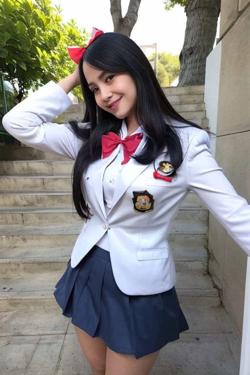 (Girl Standing On School Steps),charming eyes,heartwarming action,turn away from the camera,raise your head,thick long black hair,highly detailed body,highly detailed face,highest quality、(P私NK Underwear),(high school girl),((white blazer、chest emblem))、(white blouse),((red bow tie)),((navy check flare skirt)),(black stockings)、(smile)