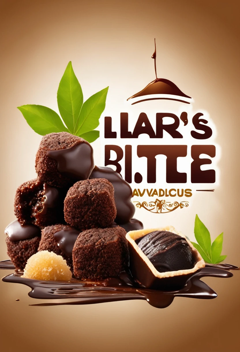 A brand Name LARA'S LUSCIOUS LAVA BITES and a logo that shows cassava balls in a stick dipped into a chocolate syrup  the  brand name uses a Font only a plain color beige brown  back ground don't forget that the brand name is readable "LARA'S LUSCIOUS LAVA BITES" the logo is just simple 