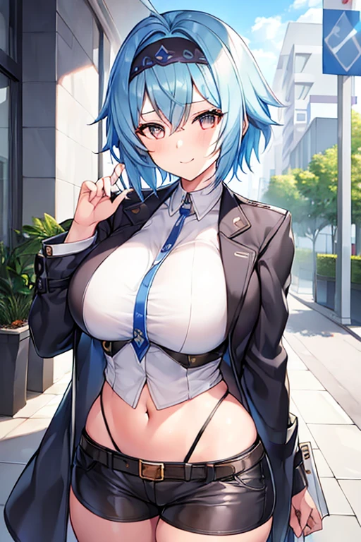 1girl, blue hair, very short hair, eula \(genshin impact\), black jacket, jacket, shirt, white shirt, black headband, headband, large breasts, breasts, thick thighs, wide hips, mature female, shorts, short pants, black pants, urban, smile, simple clothes, happy, light smile, tall, ((tall)), tall female, oversized shirt, long shirt, ((cropped jacket)), cropped jacket, belt, covered navel, tomboy