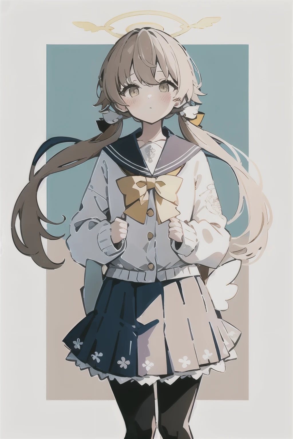 ((masterpiece,best quality)), (illustration), 1girl, solo, hifumi (blue archive), white bag, skirt, halo, black pantyhose, long hair, school uniform, yellow eyes, low twintails, sailor collar, pleated skirt, blue skirt, white cardigan, long sleeves, light brown hair, blush, frilled skirt