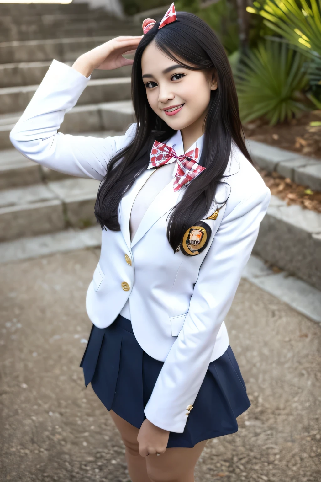 (Girl Standing On School Steps)，charming eyes，heartwarming action，turn away from the camera，raise your head，thick long black hair，highly detailed body，highly detailed face，highest quality、(P私NK Underwear),(high school girl),((white blazer、chest emblem))、(white blouse),((red bow tie)),((navy check flare skirt)),(black stockings)、(smile)