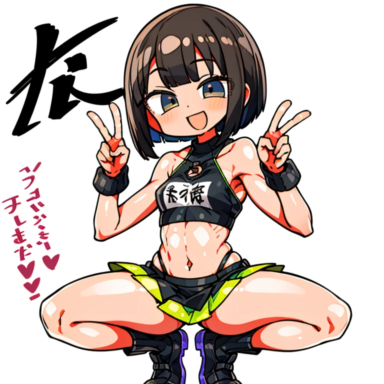 girl squatting、toned abdominal muscles、smile、highest quality、become familiar with、alone、short top、mini skirt,peace sign、bob cut、brown hair、shiny skin