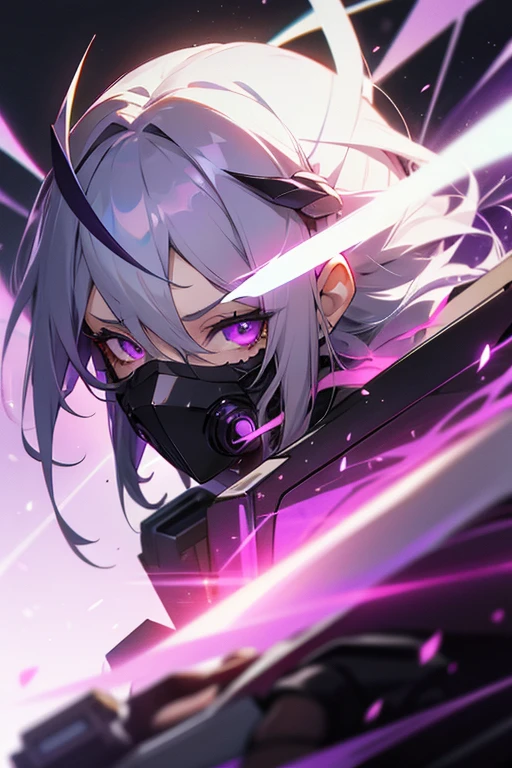 1 girl, gray hair, colorful hair, purple eyes, mask on head, side light, particles of light, wallpaper, armed, sweating