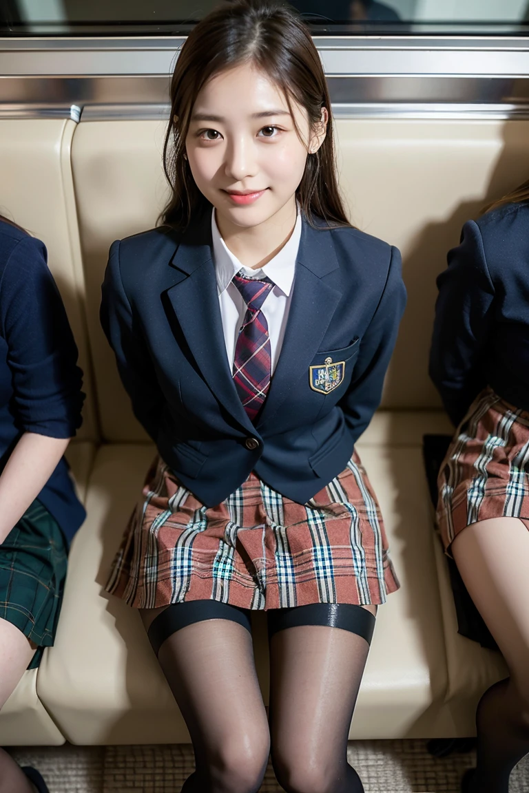 (8K), (highest quality: 1.2), (realistic), (realistic: 1.37), ultra high resolution, 1 girl, cute, smile, closed mouth, beautiful details, beautiful nose, wet hair, giant dulcefo, pork, thighs,Self snap,University Student Uniform,Sitting on a Tokyo train,simple blazer,pleated skirt,(The pattern of the skirt and tie is a tartan check pattern..:1.3),cross your legs, From above,thighs,tights