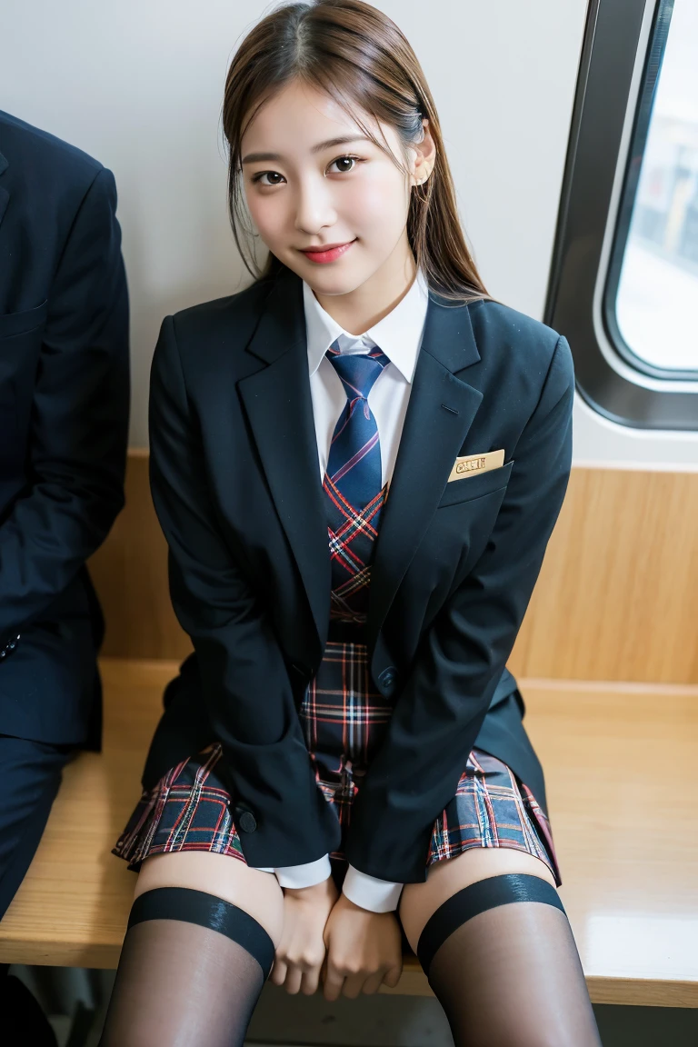 (8K), (highest quality: 1.2), (realistic), (realistic: 1.37), ultra high resolution, 1 girl, cute, smile, closed mouth, beautiful details, beautiful nose, wet hair, giant dulcefo, pork, thighs,Self snap,University Student Uniform,Sitting on a Tokyo train,simple blazer,pleated skirt,(The pattern of the skirt and tie is a tartan check pattern..:1.3),cross your legs, From above,thighs,tights
