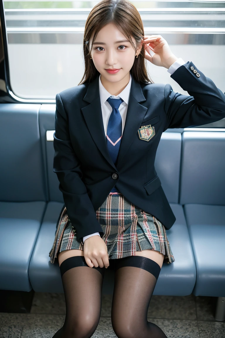 (8K), (highest quality: 1.2), (realistic), (realistic: 1.37), ultra high resolution, 1 girl, cute, smile, closed mouth, beautiful details, beautiful nose, wet hair, giant dulcefo, pork, thighs,Self snap,University Student Uniform,Sitting on a Tokyo train,simple blazer,pleated skirt,(The pattern of the skirt and tie is a tartan check pattern..:1.3),cross your legs, From above,thighs,tights