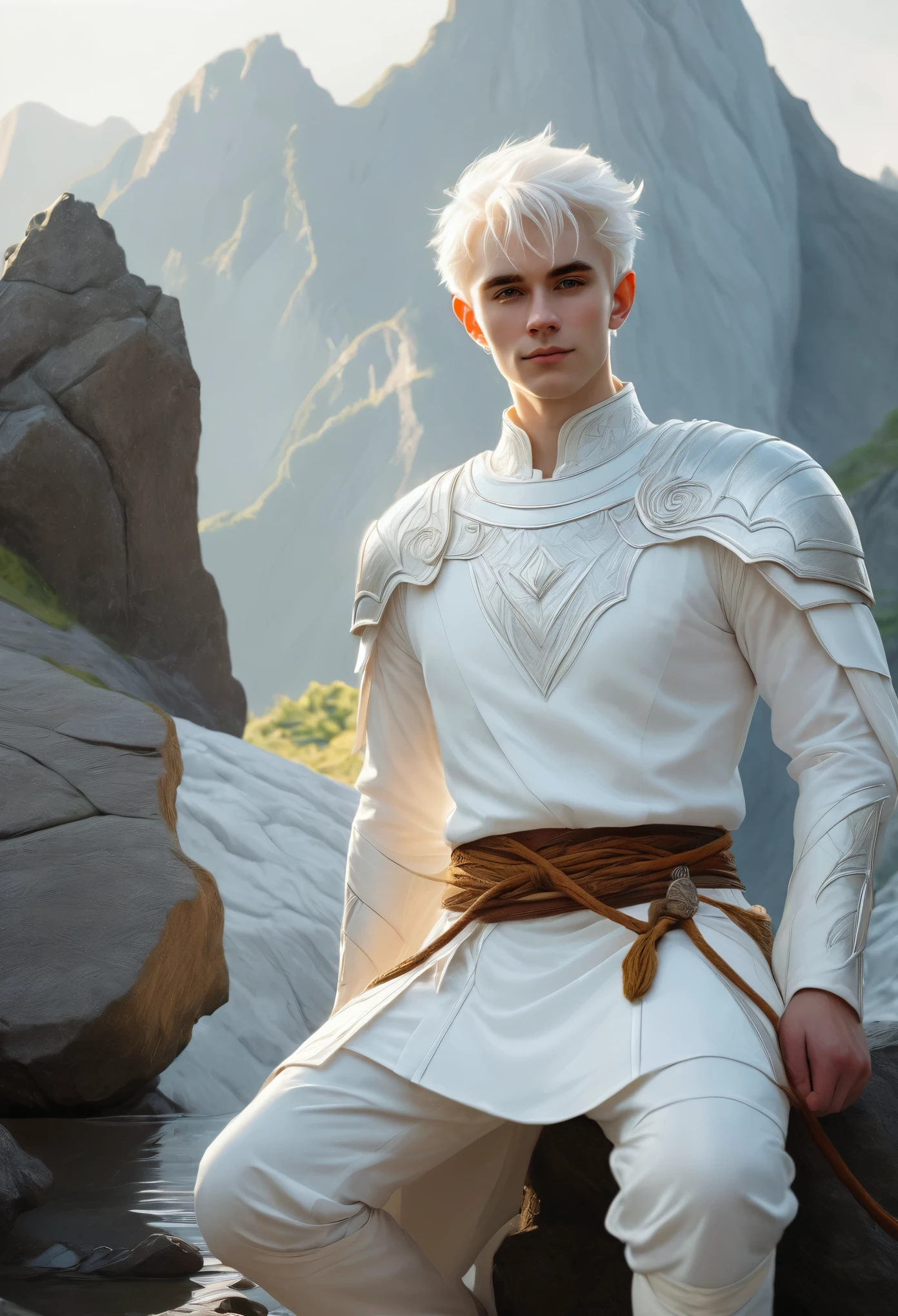 Close-up of a man in a white suit, sitting on a stone, inspired by Chris from Deltarrune, dwarf with white hair, relaxed dwarf with white hair, drawn in lasso style, inspired by Sigurd Svein, Arsene Lupine as Paladin, Silver-skinned male elf, Epic fantasy portrait, Elven blonde warrior