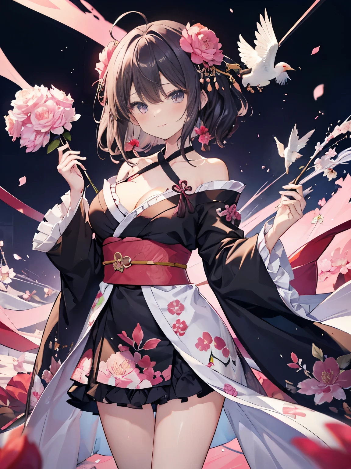 ryougi shiki (third coming), (((highest quality))), ((Super detailed)), ((shape)), ((messy hair)), ((frills)), (1 girl), (alone),ryougi shiki (third coming) Ahoge, Alternative costumes, Alternative Hair Lengths, alternative hairstyles, bangs, bird, black hair, blue eyes, chest, brown eyes, 桜のflower, clavicle, cleavage, crane (animal), woman, flower柄, flower, hair flower, hair ornaments, kimono, large chest, long hair, long sleeve, No bra, heart, off shoulder, parted bangs, peony print, flowerびら, pink clothes, red-crowned crane, ribbon, robe, Rose print, sash, smile, free,