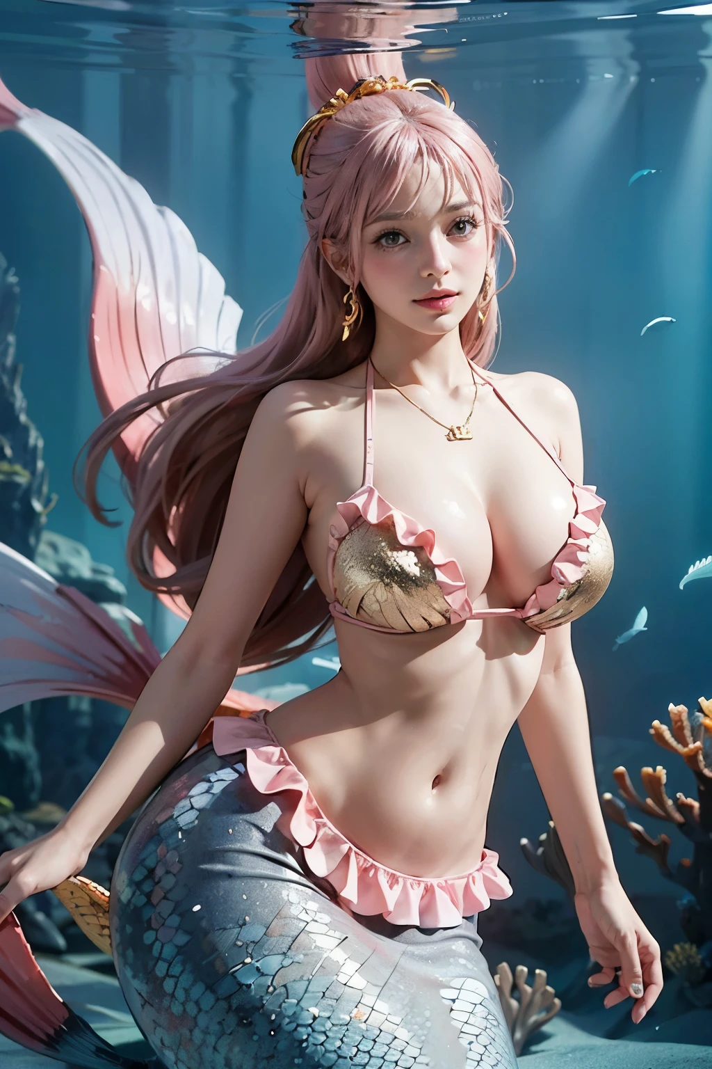 (masterpiece), (((highest quality)), (super detailed), (Shirahoshi:1.2), (mermaid:1.2), scales of fish, light pink and red stripe scales, large scales, ((masterpiece:1.4, best quality)), ((masterpiece, best quality)), (photo realistic:1.4), 1girl, (giant woman), ((ultra gigantic tits)), Japanese actress, swim underwater, ((glossy skin, gold scale bikini, floating hair, light pink hair, long hair, hagoromo, jewelry, frills)), ((hair rings:1.2)), hair ornament, big black eyes, cute, young, swimming, cute smile, underwater: 1.2, from below, professional lighting, physically-based rendering, Shining necklace, ((Colossal tits)), huge breasts, 15 meter tall, colorful coral, Cowboy Shot, Top Quality, Rich Detail, Perfect Image Quality