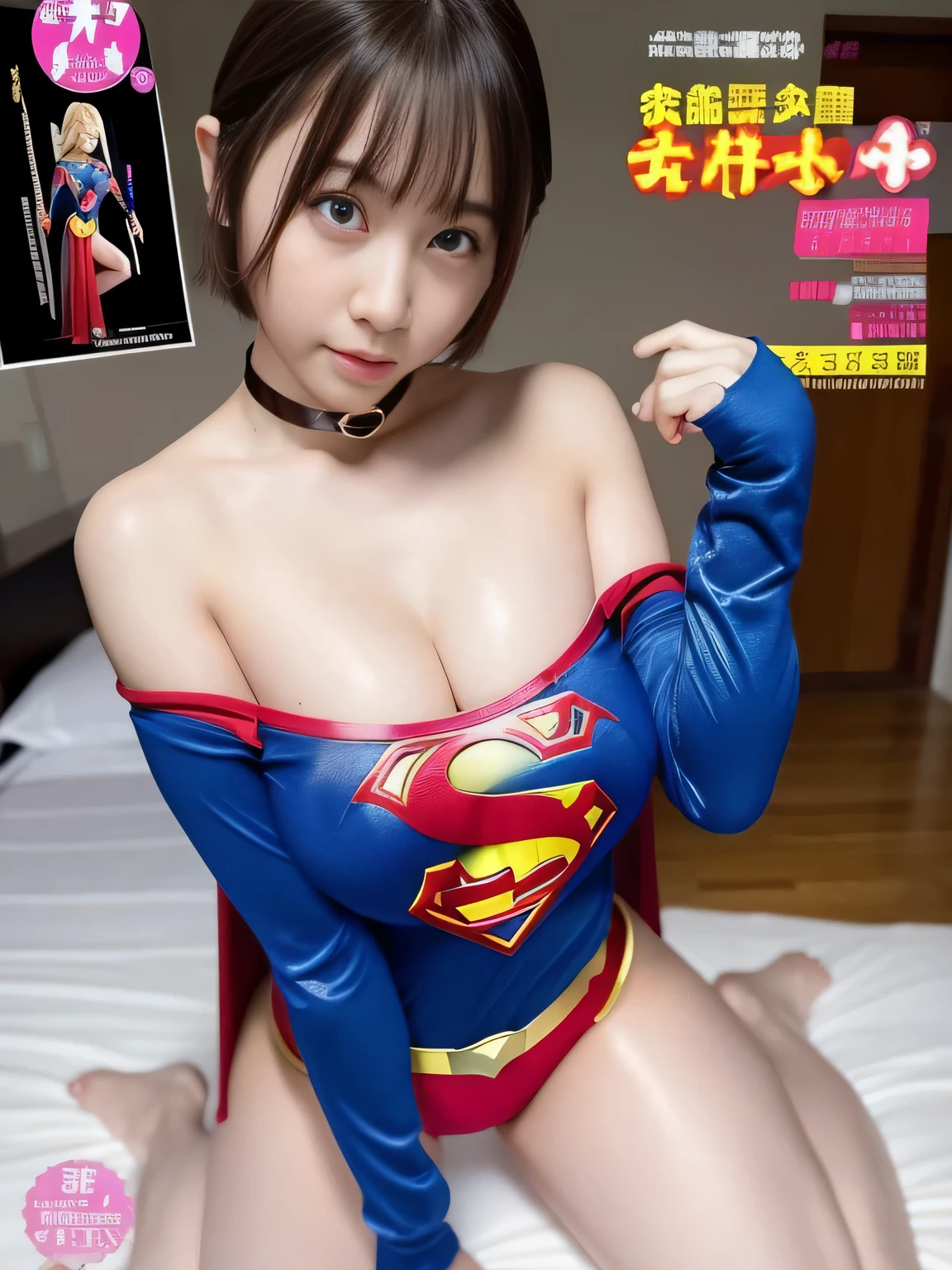 masterpiece、supergirl costume、short hair、barefoot、big and full breasts、public health center、break your legs on the bed、Sexy poses to seduce、model body shape、shiny、looking at camera、choker、long sleeve、red mini skirt、Weekly magazine cover、obscene、sweaty、Radical、off shoulder、Glamorous、