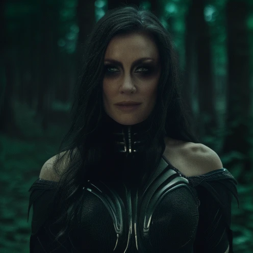 Best_QualityPos, RAW photo, intricate details, best quality, 8k uhd, soft lighting, 1girl, solo, black hair, long hair, armor, bare shoulders, Blue eyes, forest