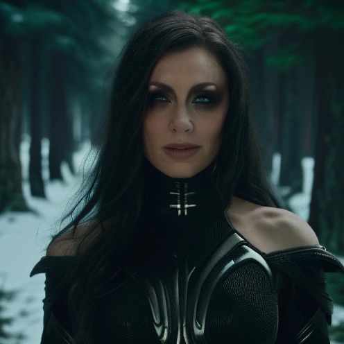 Best_QualityPos, RAW photo, intricate details, best quality, 8k uhd, soft lighting, 1girl, solo, black hair, long hair, armor, bare shoulders, Blue eyes, forest