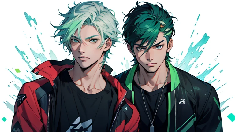 two men with green hair and blue eyes are standing next to each other, jazza and rossdraws, two anime handsome men, realistic anime artstyle, artgerm and genzoman, petros and leonid, realistic anime art style, rossdraws and jazza, anime realism style, semirealistic anime style, 2 d anime style, in an anime style