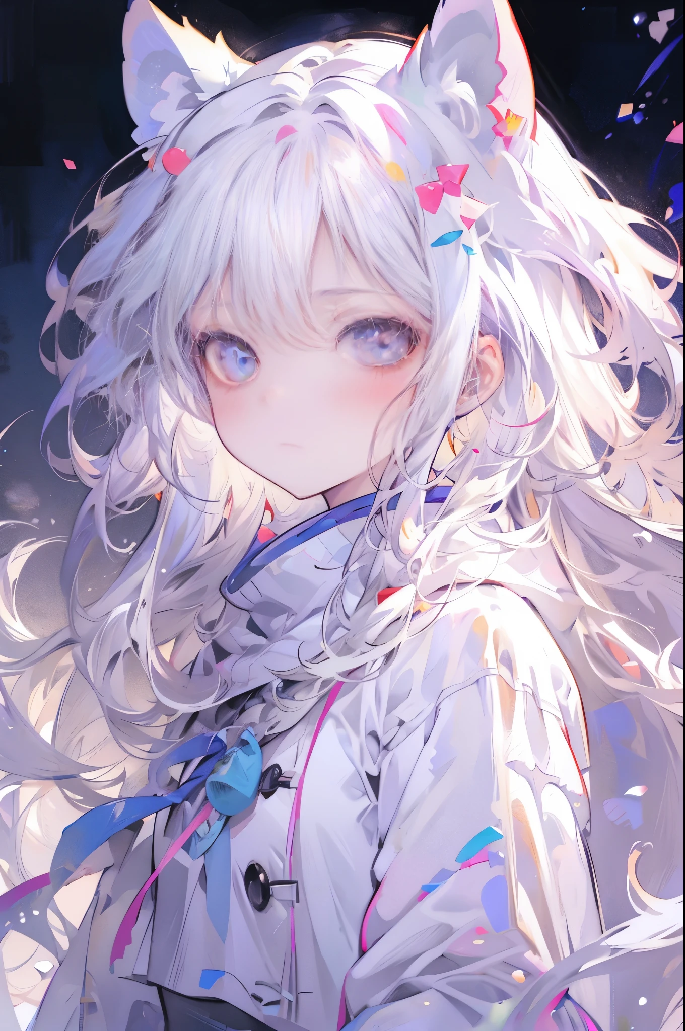 Anime girl with white hair and blue eyes wearing cat ears, anime cat girl, anime cat ears girl, beautiful anime cat girl, cute anime cat girl, cat girl, cat ears girl, nyaruko-san, white cat girl, anime cat, anime style artwork, anime style portrait, anime moe art style, anime art style