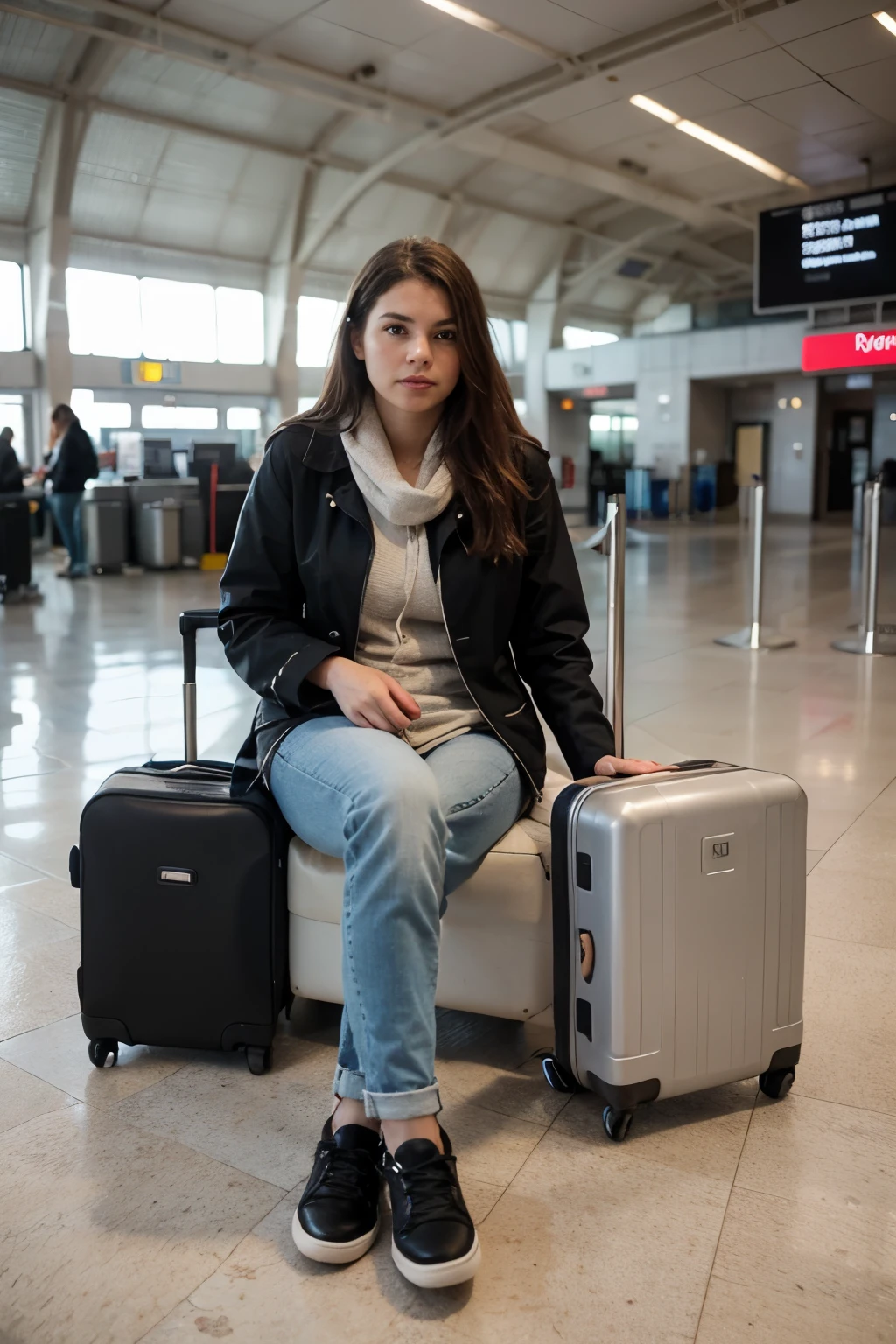 Create a realistic image of a passenger sitting on the airport floor, with warm clothes and closed shoes, next to your luggage, com um semblante triste, because your flight was canceled.
