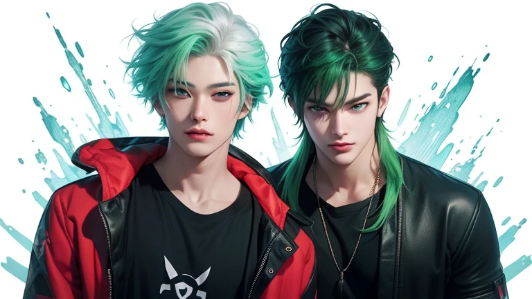 two men with green hair and blue eyes are standing next to each other, jazza and rossdraws, two anime handsome men, realistic anime artstyle, artgerm and genzoman, petros and leonid, realistic anime art style, rossdraws and jazza, anime realism style, semirealistic anime style, 2 d anime style, in an anime style