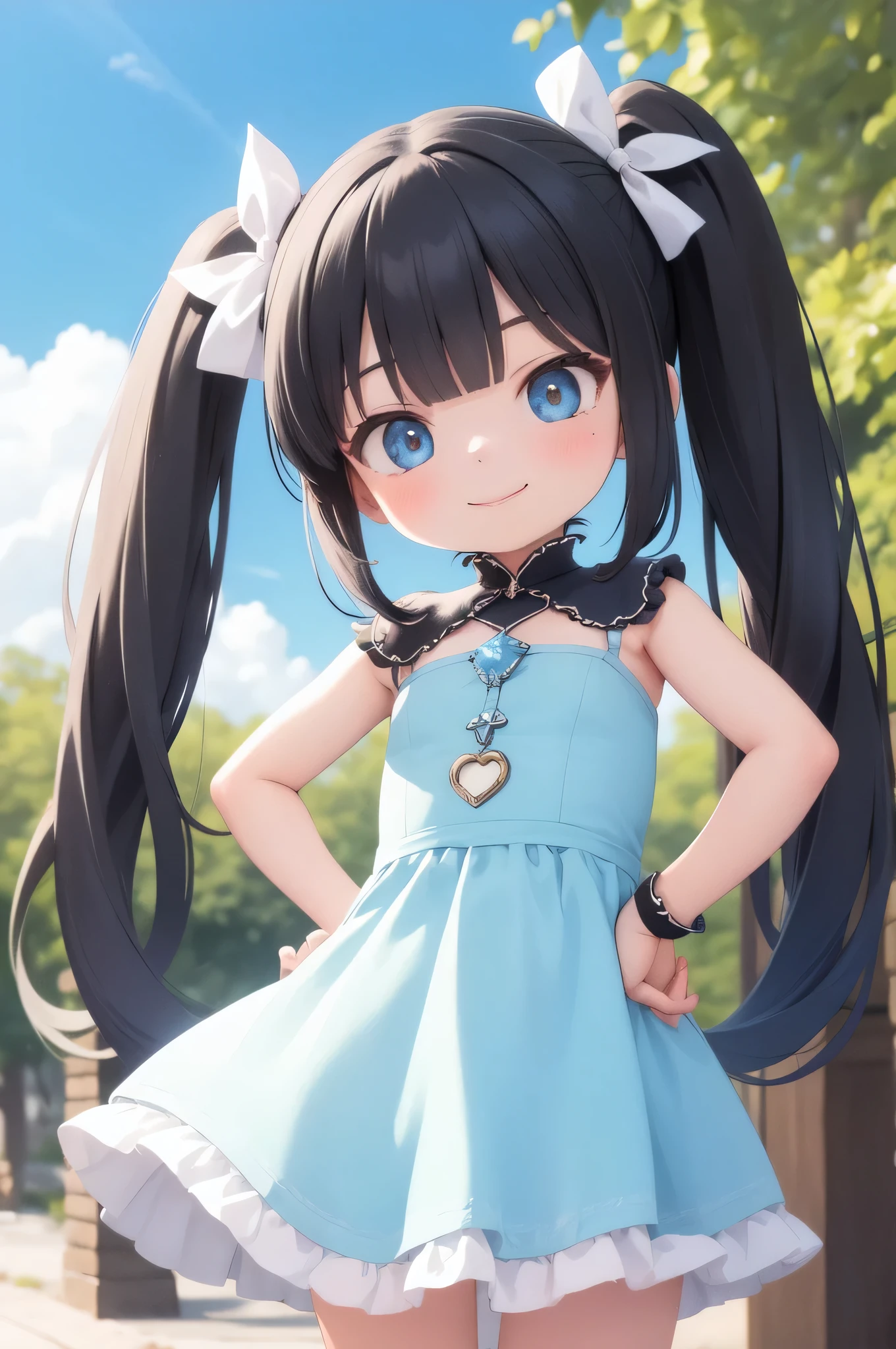 masterpiece, best quality, 1girl, looking at viewer, evil smile, blue sky, twintails, cute dress, hand on hip