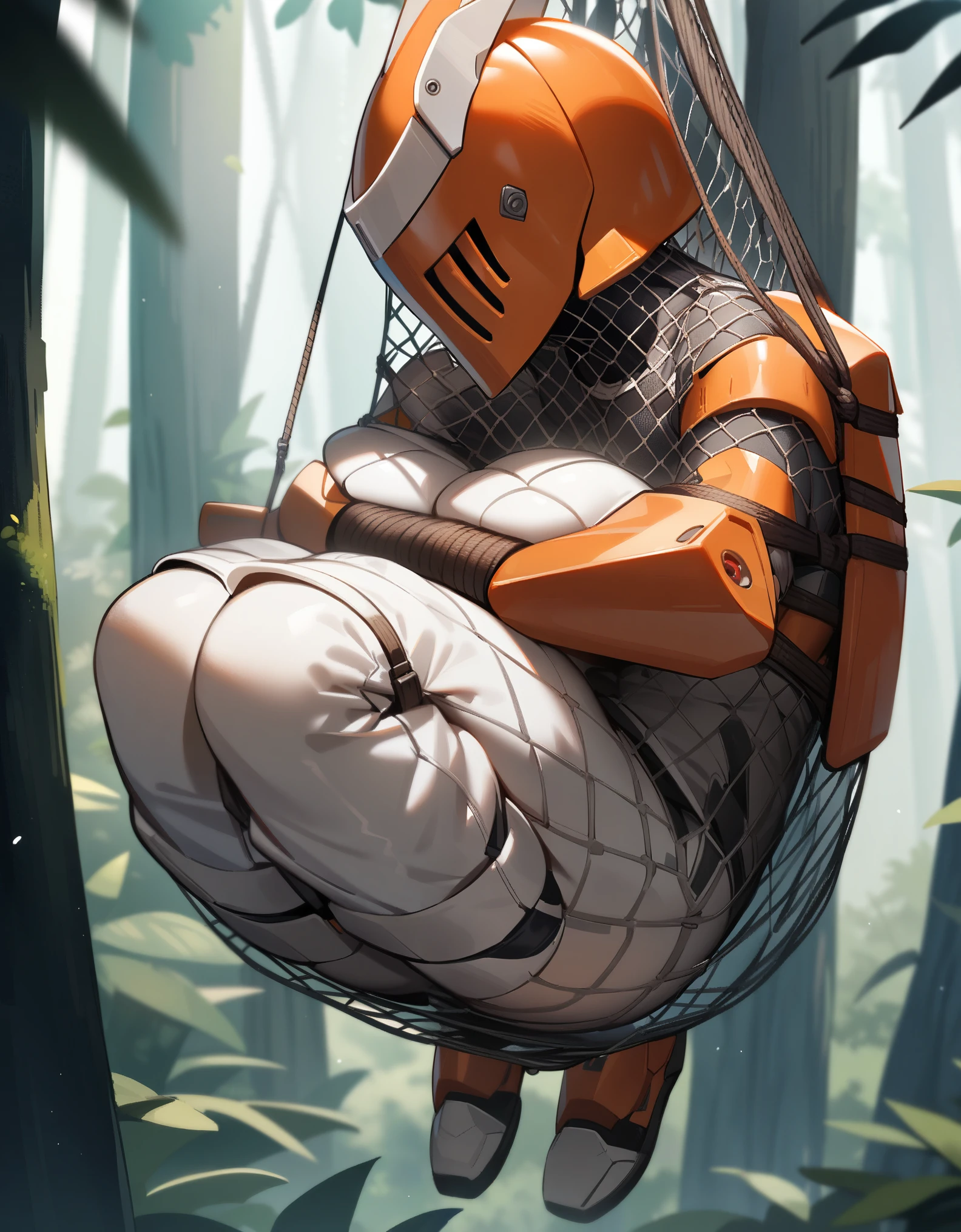 1girl,solo,Sala,original,full face helmet,no face ,no hair,white body suit,orange heavy armor,dark forest,jungle,restrained in net,cramped posture,full body,hanging,Science fiction,ultra-detailed,sharp focus,aesthetic,(best quality)