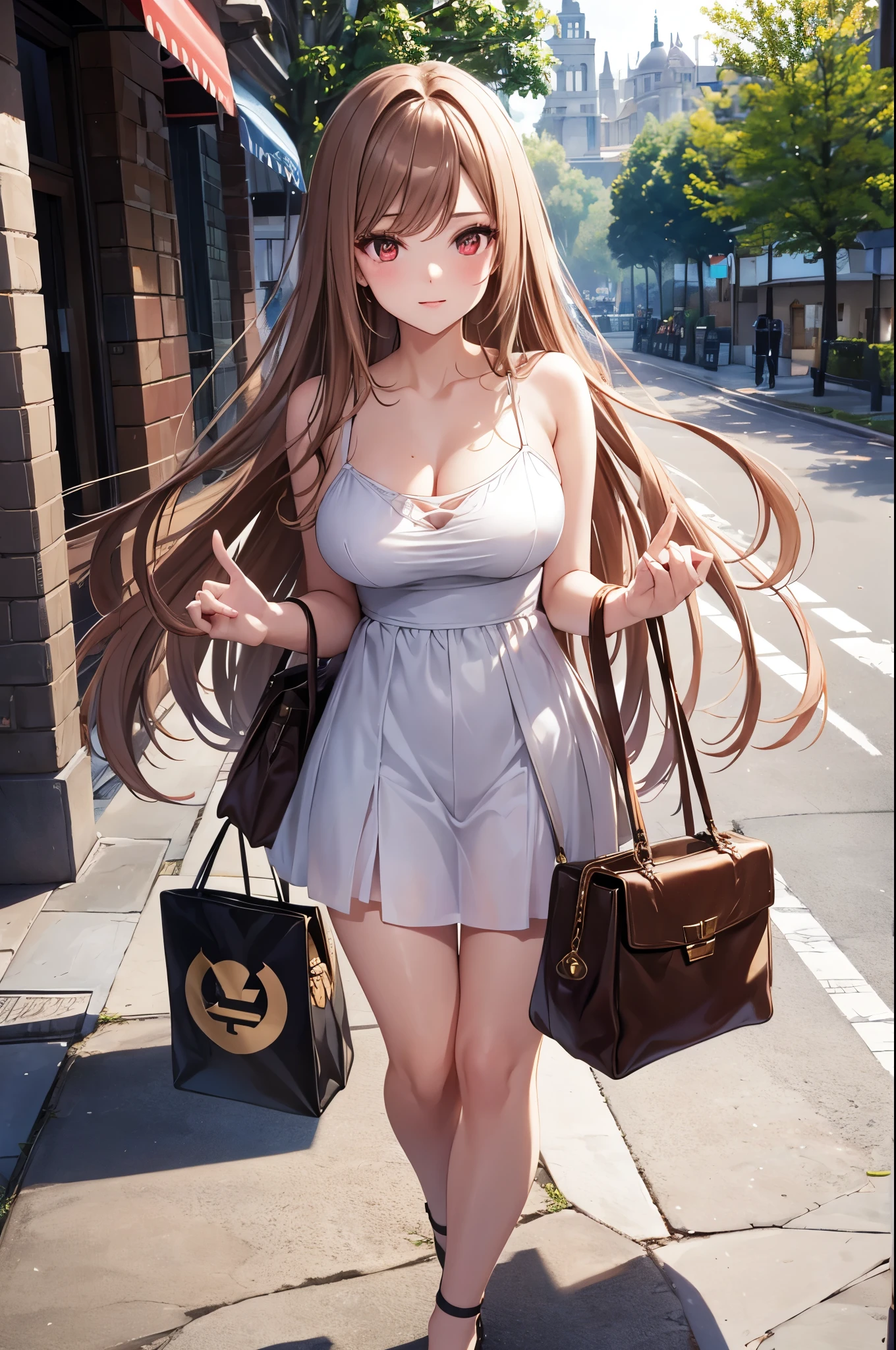 Game , goddess of victory nikke, Rapi , light brown hair,  alluring eyes ,beautiful face , crystal red eyes ,  long hair ,plain colour spaghetti strap dress, selfie wind, 1 hand bag,g cup breast, slender waist, bewitching thighs, five fingers each hand, two hand ,two leg , in town, date, standing, beautiful, high heels, daylight, recreation park,