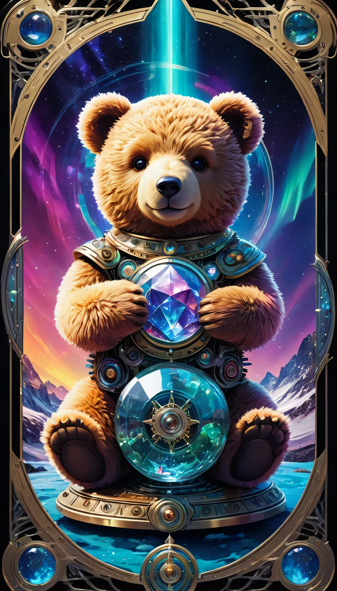 （A futuristic teddy bear tarot card）、clear focus、Vibrant colors、mechanical gear、3D metal surface、Layered composition、Northern Lights、occult symbols、Surreal elements、otherworldly scenery、celestial body、Glowing crystal、Fantastic state、Unlimited imagination。