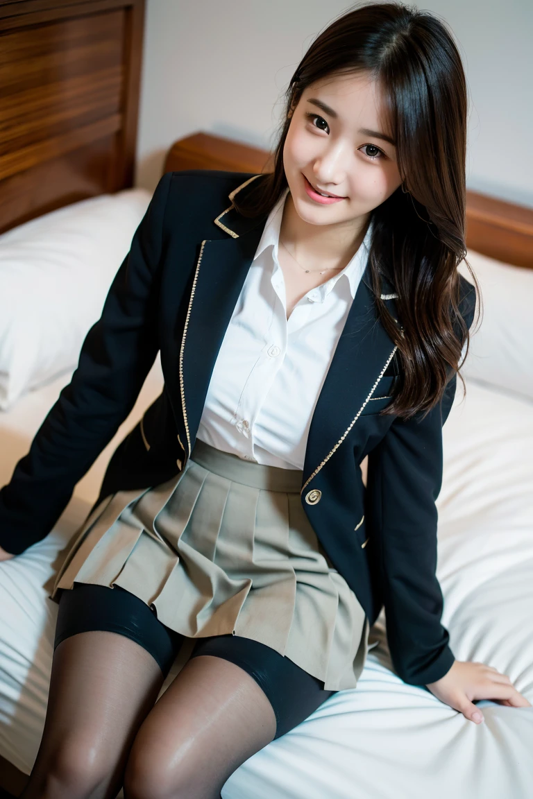 (8K), (highest quality: 1.2), (realistic), (realistic: 1.37), ultra high resolution, 1 girl, cute, smile, closed mouth, beautiful details, beautiful nose, wet hair, giant dulcefo, pork, thighs，Self snap,University Student Uniform,simple blazer,pleated skirt,Are standing,opaque tights,(8K), (highest quality: 1.2), (realistic), (realistic: 1.37), ultra high resolution, 1 girl, cute, smile, closed mouth, beautiful details, beautiful nose, wet hair, giant dulcefo, pork, thighs，Self snap,University Student Uniform,simple blazer,pleated skirt,opaque tights,bed,spread your legs ,skirt lift, From above
