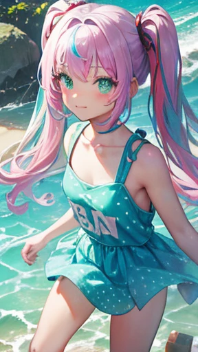 (rainbow colored hair, colorful hair, half silver、half pink hair: 1.2), ,long hair、、(Cinematic digital artwork: 1.3), high quality, table top, Turquoise eyes、最high qualityの, Super detailed, figure, [4K digital art]!!、 Kyoto animation style, one woman, clavicleの美しさ, clavicle, light, want, , positive, Dead leaves dance、（Ocean、sandy beach）、Full、taking a walk、((green、trendy clothes))、（（Scarlet、Polka dot unset, motivation, shine, dynamic perspective、Blue glasses、green色リボン、twin tails、embarrassed face、cute face、happy face