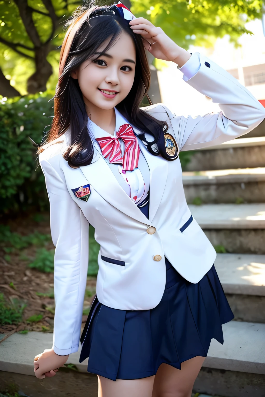 (Girl Standing On School Steps),charming eyes,heartwarming action,turn away from the camera,raise your head,thick long black hair,highly detailed body,highly detailed face,highest quality、(P私NK Underwear),(high school girl),((white blazer、chest emblem))、(white blouse),((red bow tie)),((navy check flare skirt)),(black stockings)、(smile)