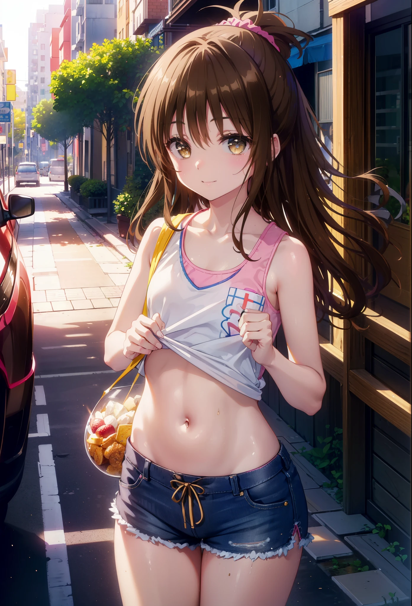 Follow Us, food yuuki, (brown eyes:1.5), brown hair, hair ornaments, hair Scrunchie, long hair, pink Scrunchie, Scrunchie, (flat chest:1.2),happy smile, smile, open your mouth,white tank top shirt,Belly button soup,shorts,barefoot,sneakers,noon,the sun's,
break outdoors, In town,building street,
break looking at viewer, (cowboy shot:1.5),
break (masterpiece:1.2), highest quality, High resolution, unity 8k wallpaper, (figure:0.8), (detailed and beautiful eyes:1.6), highly detailed face, perfect lighting, Very detailed CG, (perfect hands, perfect anatomy),