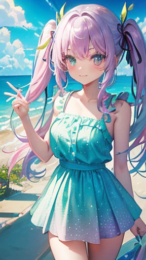 (rainbow colored hair, colorful hair, half silver、half pink hair: 1.2), ,long hair、、(Cinematic digital artwork: 1.3), high quality, table top, Turquoise eyes、最high qualityの, Super detailed, figure, [4K digital art]!!、 Kyoto animation style, one woman, clavicleの美しさ, clavicle, light, want, , positive, Dead leaves dance、（Ocean、sandy beach）、Full、taking a walk、((green、trendy clothes))、（（dark purple、Polka dot unset, motivation, shine, dynamic perspective、Blue glasses、green色リボン、twin tails、embarrassed face、cute face、happy face