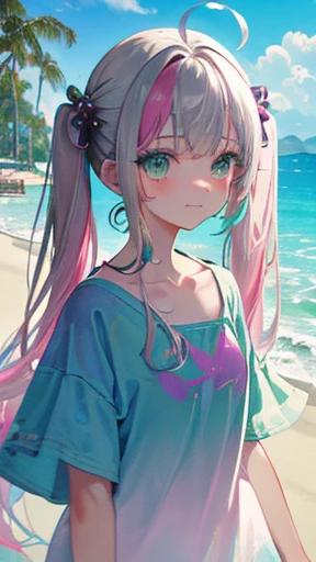 (rainbow colored hair, colorful hair, half silver、half pink hair: 1.2), ,long hair、、(Cinematic digital artwork: 1.3), high quality, table top, Turquoise eyes、最high qualityの, Super detailed, figure, [4K digital art]!!、 Kyoto animation style, one woman, clavicleの美しさ, clavicle, light, want, , positive, Dead leaves dance、（Ocean、sandy beach）、Full、taking a walk、((green、trendy clothes))、（（dark purple、Polka dot unset, motivation, shine, dynamic perspective、Blue glasses、green色リボン、twin tails、embarrassed face、cute face、happy face