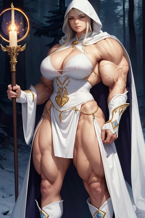 ((((Massive, tall, beautiful, buff, muscular brown skinned woman mage with white hair, ginormous bulky muscles, holding a ice mage staff and wearing a beautiful hooded white enchanted robe with long long skirt)))), (close-up view), vascular, massive muscle, massive biceps, hyper muscle shoulders, hyper muscle triceps, ((long straight hair)), blue eyes, (wearing an extremely intricate robes, magical robes), (white high heel boots), smirk, white gauntlets, (in a dark Mystical forest), evening, Vascular arms, hyper vascular arm, hyper muscles arms, hyper muscle legs, massive arms.