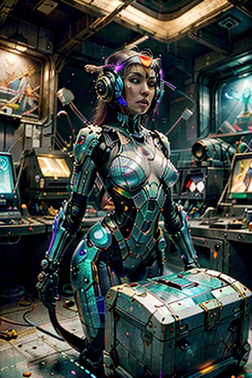 (best quality,4k,8k,highres,masterpiece:1.37), ultra-detailed, (realistic,photorealistic,photo-realistic:1.37), (aerial view), (top down perspective), (1insectoid woman:1.4), (the focal point is one woman pulling a video game cartridge out of a futuristic artifact chest full of retro video game cartridges:1.4), (the woman is looking down:1.4), (Futuristic artifact box), (the artifact box is open), (The scene unfolds inside a mystical cavern:1.4), fractal_body, (The woman is wearing an insectoid exoskeleton, covering her entire body, made with glass details:1.5), (dynamic angle:1.37), (The woman hair is made of fractal technologic components:1.5), (fantasy and sci-fi mixed:1.5), holographic glitch effects floats around the woman, vibrant colors, (A purple glow emanates from inside the treasure chest), glowing lights, (abandoned machinery), (there are old video game cartridges and consoles on the background), mystical creatures, pixelated details, (there are crystal formations spreading on the background), (futuristic technology), (ancient artifacts), mystical energy, vibrant retro aesthetic, atmospheric lighting, hidden passages, ancient ruins, mysterious symbols, shimmering water, lush vegetation, interdimensional portals, ethereal music, nostalgic atmosphere, immersive storytelling, epic adventure, delightful surprises