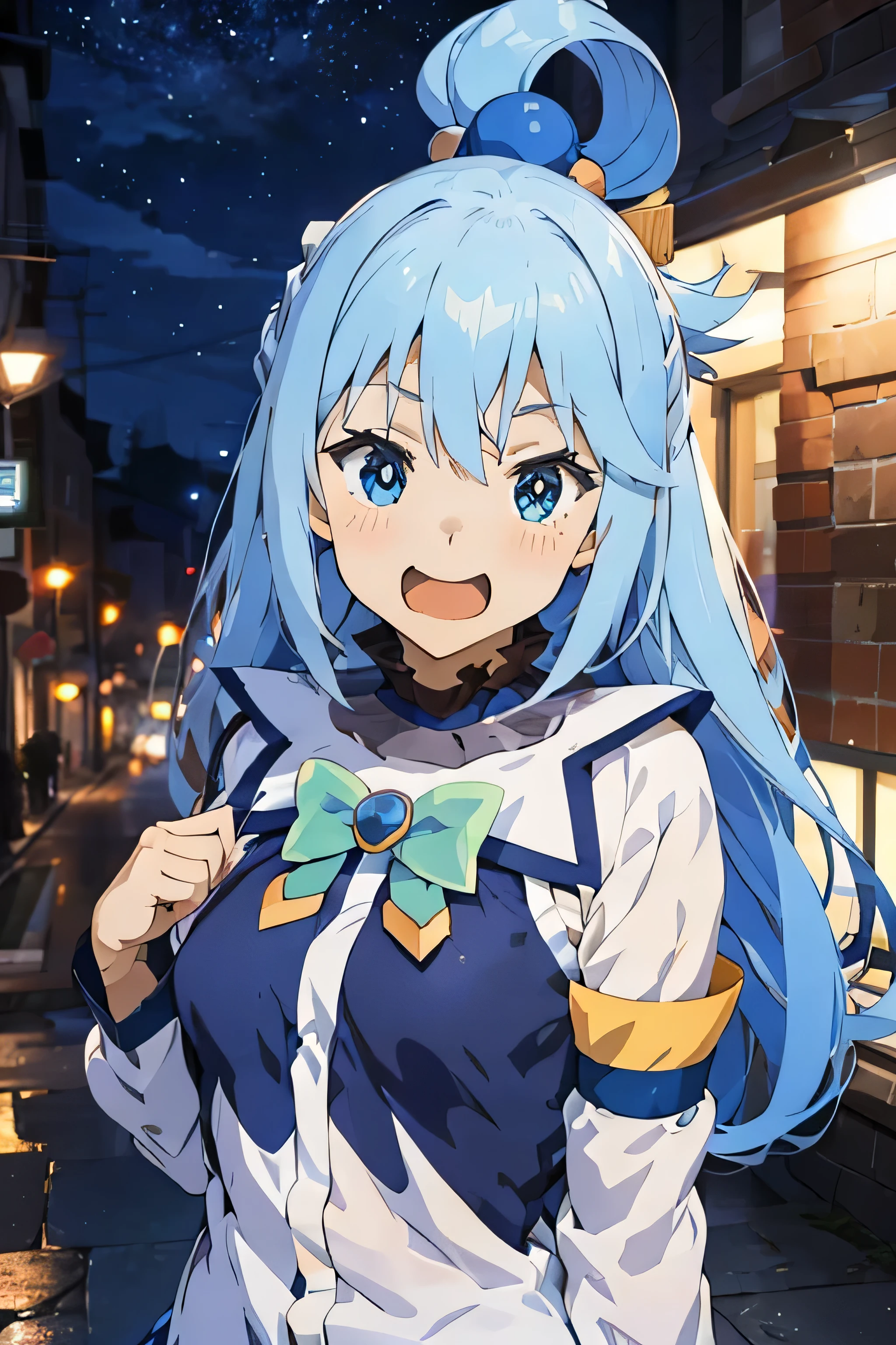 anime style illustration, highest quality, girl 1, solo, close up of face, (blue hair, long hair, smile, open your mouth a little, laughing, slimmed body, small breasts), night view, illumination