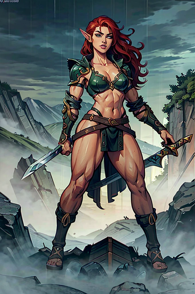 ((8k, ultra quality)), ((masterpiece)) barbarian woman (elven short ears), (dark skin:1.3), (perfect face), (perfect lips), (beautiful smirk, cute serious facial expression), (beautiful bright green eyes), (long flowing red hair), (perfect body), defined jawline, beautiful lips, (long red flowing wavy hair), (perfect anatomy), ((athletic body)), slim body, (sexy)(small breasts) small breasts, (thick thighs) (perfect anatomy), (perfect female figure), (athletic body), (sexy), smooth body, (perfect hands) (wearing barbarian outfit), (pelt armor), (wielding two swords in each hands) one sword in each hand (detailed blades), looking at viewer, (POV from below), (medium full shot photograph), dynamic pose, (tropical rain forest background), anime style,