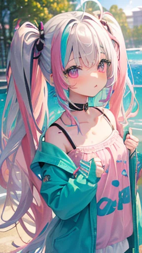(rainbow colored hair, colorful hair, half silver、half pink hair: 1.2), ,long hair、16 years old、(Cinematic digital artwork: 1.3), high quality, table top, Turquoise eyes、最high qualityの, Super detailed, figure, [4K digital art]!!、 Kyoto animation style, one woman, clavicleの美しさ, clavicle, light, want, , positive, Dead leaves dance、（Ocean、sandy beach）、Full、taking a walk、((green、trendy clothes))、（（dark purple、Polka dot unset, motivation, shine, dynamic perspective、Blue glasses、green色リボン、twin tails、embarrassed face、cute face、happy face