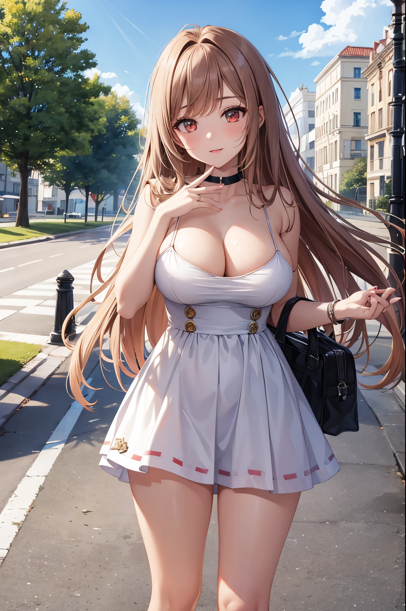 Game , goddess of victory nikke, Rapi , light brown hair,  alluring eyes ,beautiful face , crystal red eyes ,  long hair ,plain colour spaghetti strap dress, selfie wind, 1 hand bag,g cup breast, slender waist, bewitching thighs, five fingers each hand, two hand ,two leg , in town, date, standing, beautiful, high heels, daylight, recreation park,