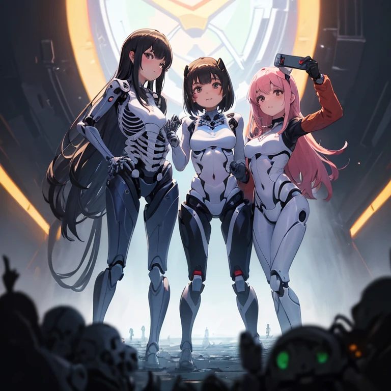 (master piece, high quality),
(three robot girls),
(whole body),
(Everything except the face is a machine),
(Internal skeleton exposed),
(group selfie),
wide angle, The soft light looks at each other's bodies,