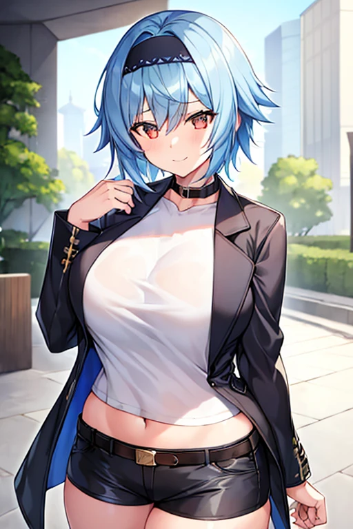 1girl, blue hair, very short hair, eula \(genshin impact\), black jacket, jacket, shirt, white shirt, black headband, headband, large breasts, breasts, thick thighs, wide hips, mature female, shorts, short pants, black pants, urban, smile, simple clothes, happy, light smile, tall, ((tall)), tall female, oversized shirt, long shirt, ((cropped jacket)), cropped jacket, belt, covered navel, tomboy