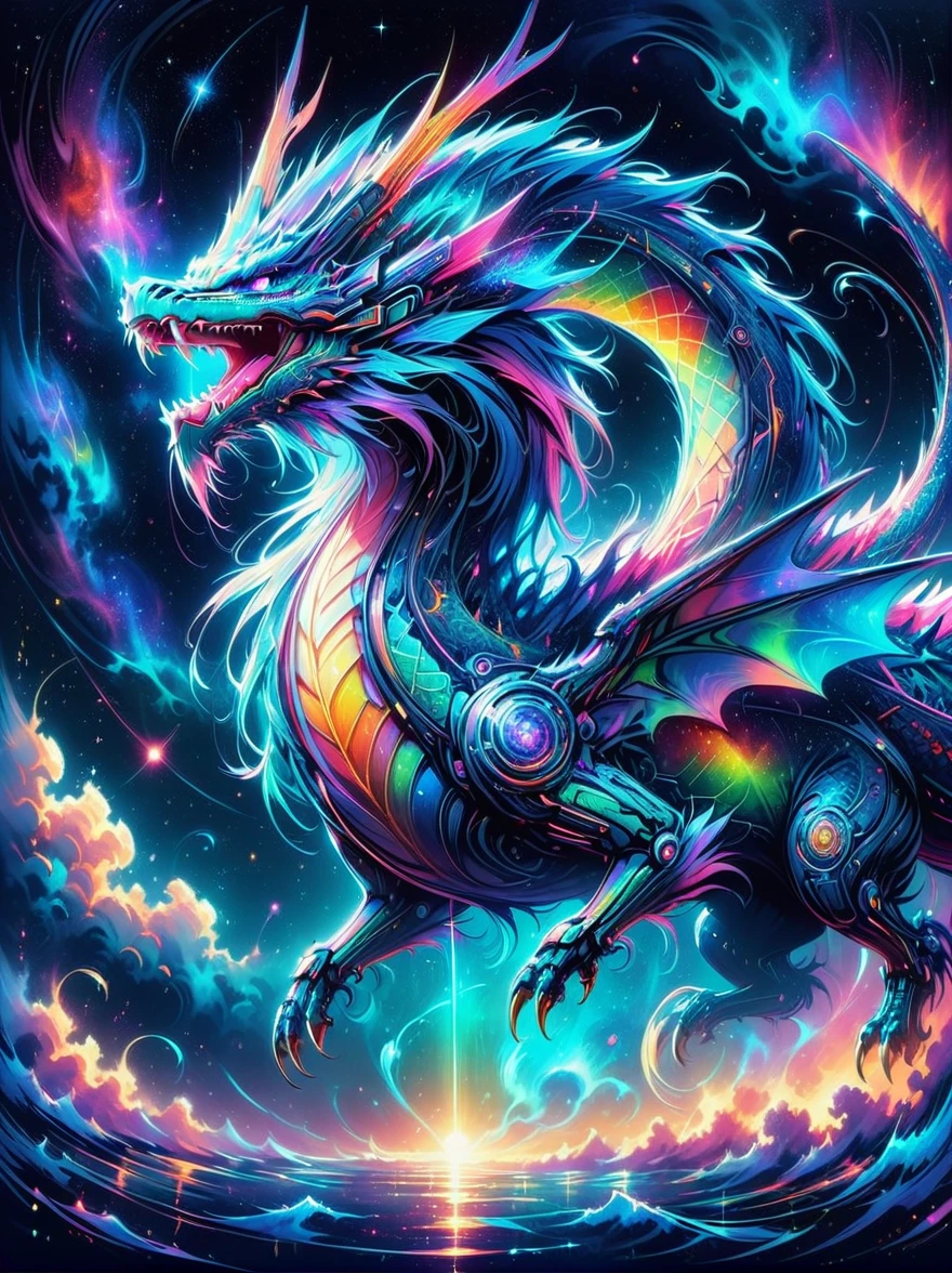 A dragon mixed with a nebula, hunting in a vibrant cosmic nebula with bright colors and swirling gas clouds. Watercolor, trending on artstation, sharp focus, studio photo, intricate details, highly detailed