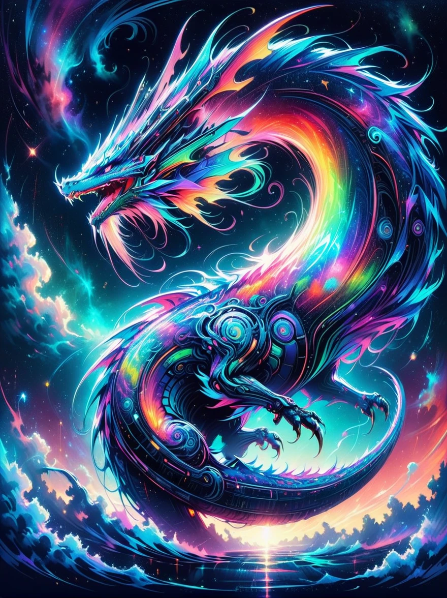 A dragon mixed with a nebula, hunting in a vibrant cosmic nebula with bright colors and swirling gas clouds. Watercolor, trending on artstation, sharp focus, studio photo, intricate details, highly detailed