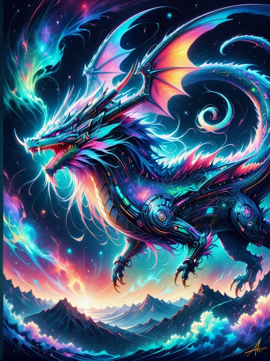 A dragon mixed with a nebula, hunting in a vibrant cosmic nebula with bright colors and swirling gas clouds. Watercolor, trending on artstation, sharp focus, studio photo, intricate details, highly detailed
