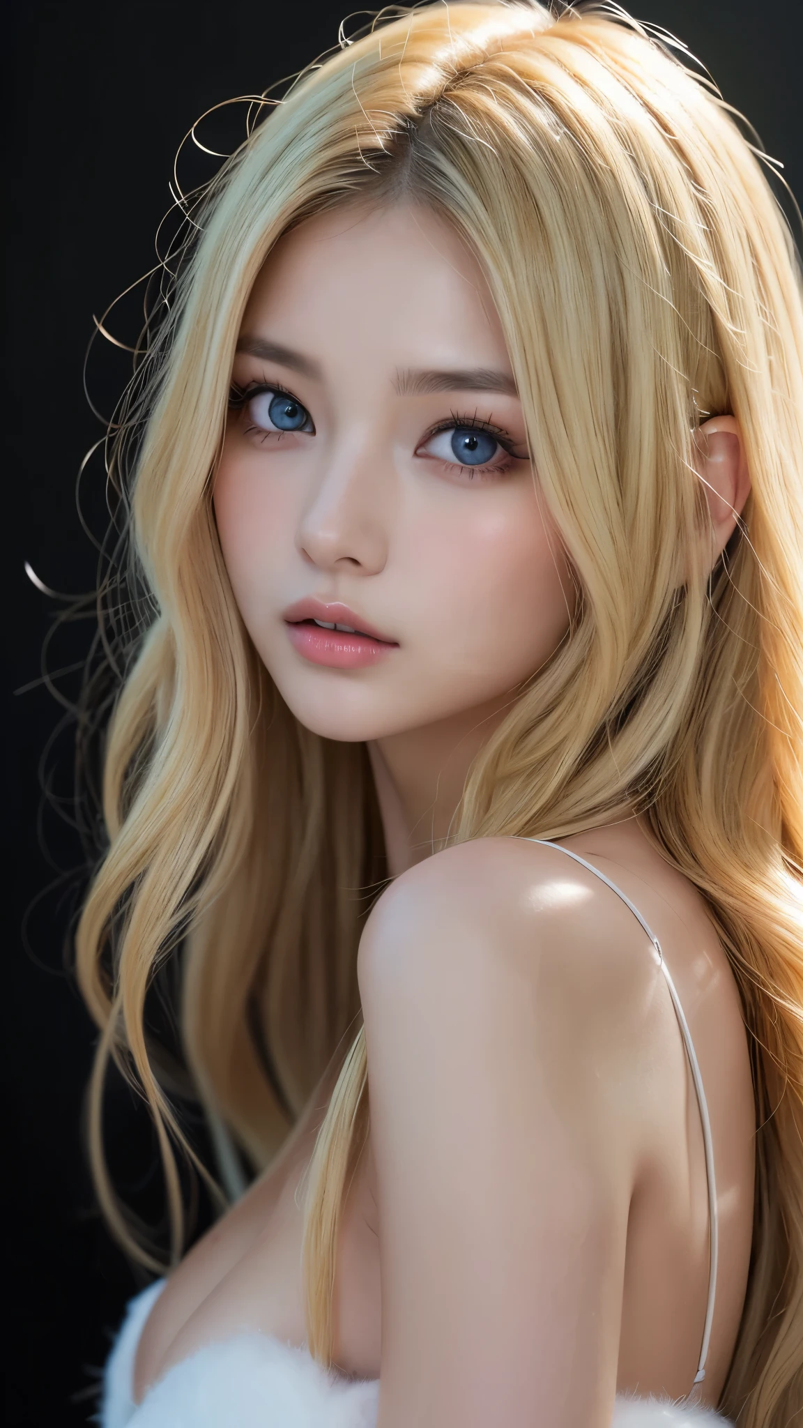 ((((blonde、super long hair、very long hair、Fluffy Wave、black background、blonde、Bunny girl、face forward、Nordic)))))))、blonde、masutepiece, Best Quality, Photorealsitic, finely detail, hight resolution, 8K Wallpapers, Perfect dynamic composition, Beautiful detailed eyes, Long Hair, large full breasts、24 year old、(Drooping eyes 1.4)、Adult beauty、japanes