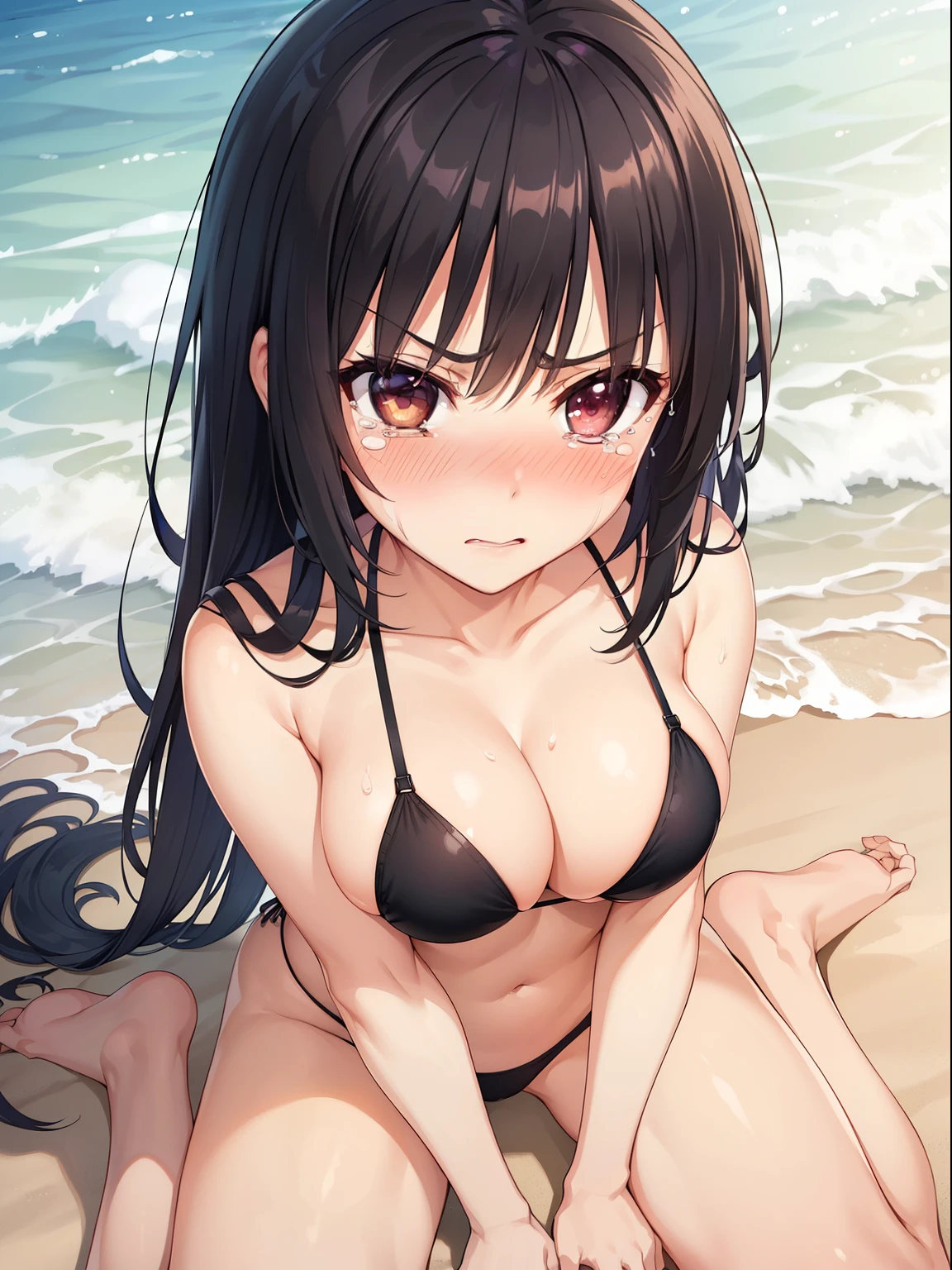 ((highest quality, High resolution, perfect pixel, written boundary depth, 4k)), 1 girl, beautiful anime girl,
close, looking at the viewer,
perfect body,
primary school student,
sntm, large breast, long hair, dark hair,
black micro bikini,
(blush:1.2), angry, tears,
in beach,
wariza, hands between legs,
from above,