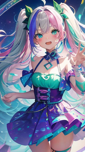 (rainbow colored hair, colorful hair, half silver、half pink hair: 1.2), ,long hair、、(Cinematic digital artwork: 1.3), high quality, table top, Turquoise eyes、最high qualityの, Super detailed, figure, [4K digital art]!!、 Kyoto animation style, one woman, clavicleの美しさ, clavicle, light, want, , positive, Dead leaves dance、、((green、trendy clothes))、（（dark purple、Polka dot unset, motivation, shine, dynamic perspective、Blue glasses、green色リボン、twin tails、embarrassed face、cute face、happy face