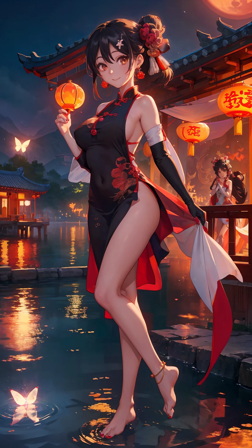 best quality,official art,Extremely detailed CG unified 8k wallpaper, (Wide-angle lens),1 girl, (Meiyu Edelfeldt),,black hair,brown eyes,seductive smile,National Science Foundation, barefoot, perspective dress, Butterfly, Butterfly hair accessories, backless dress, Chinese clothes,sleeveless, twice as good,Golden dragon pattern,barefoot,perspective,Elbow gloves,bun, hair accessories,jewelry,earrings,Bead Anklet,thin legs,nail polish,beautiful breasts、huge breasts:1.4, alone, toenail polish, toe甲, toe, Double tail,outdoor,Chinese style architecture, Chinese style, lake, ancient town, Beautiful and detailed water,red lantern,fireworks,full moon