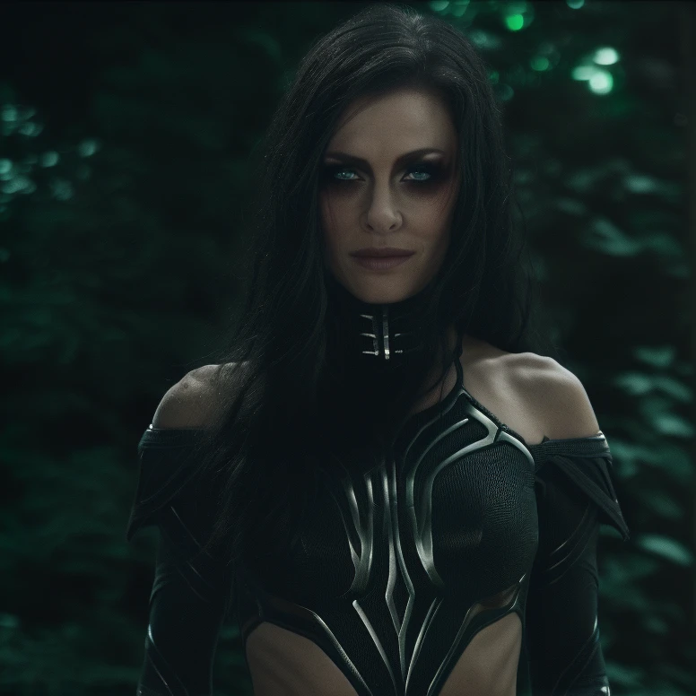 Best_QualityPos, RAW photo, intricate details, best quality, 8k uhd, soft lighting, 1girl, solo, black hair, long hair, armor, bare shoulders, Blue eyes, forest