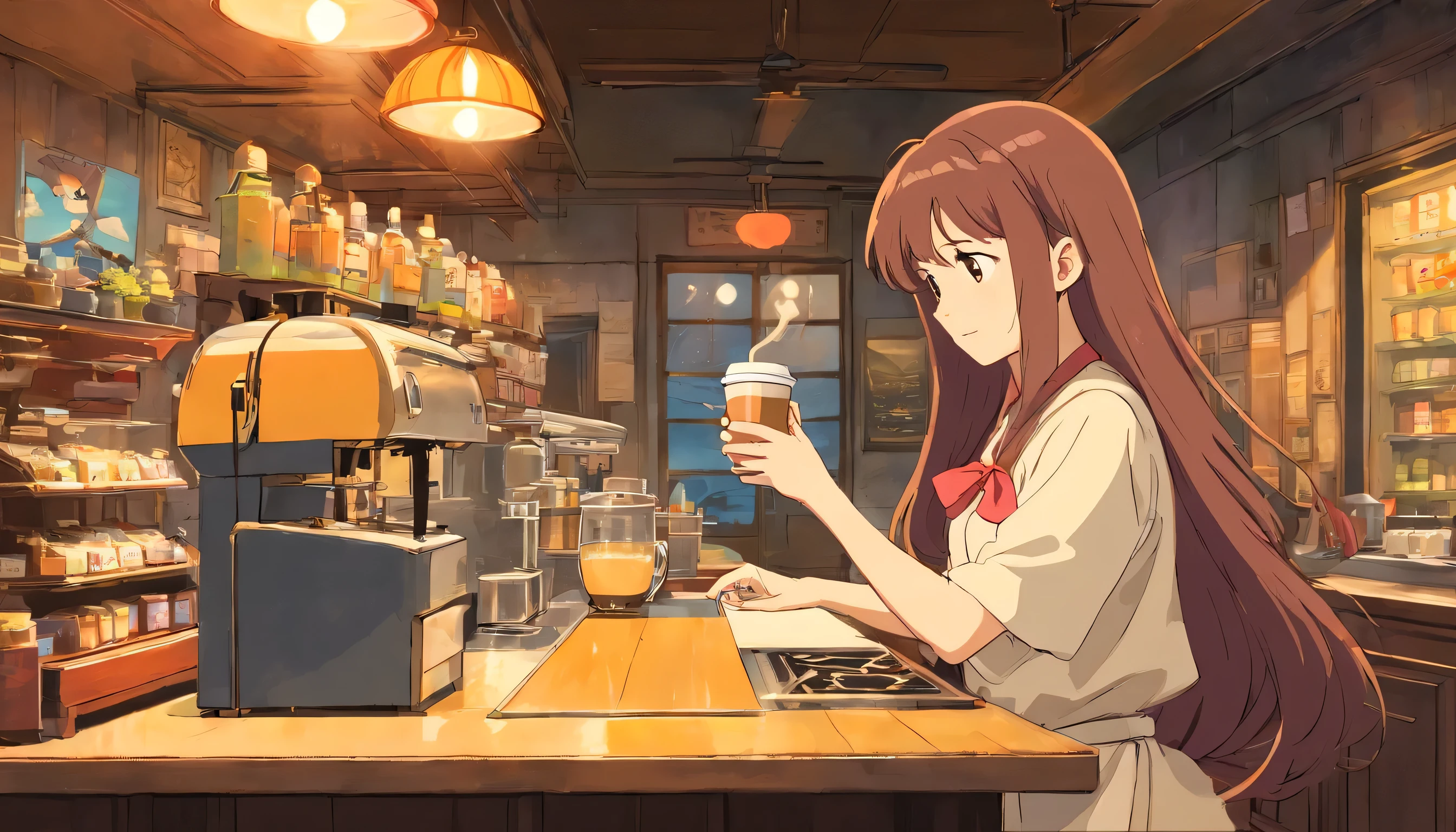 European long-haired girl barista brews coffee at the cafe counter, ,dream, please wear headphones, , analog color theme, lo-fi hip hop , retrospective, flat, 2.5D ,Draw a line, ink painting, Osaka road, watercolor painting, gouache color, studio ghibli style, very colorful, outerton, Krautlock, Lofiato,old texture, amplitude,Psychedelic atmosphere, masterpiece, Technology of Wonders,Darken the room,A pleasant early morning seaside outside the window