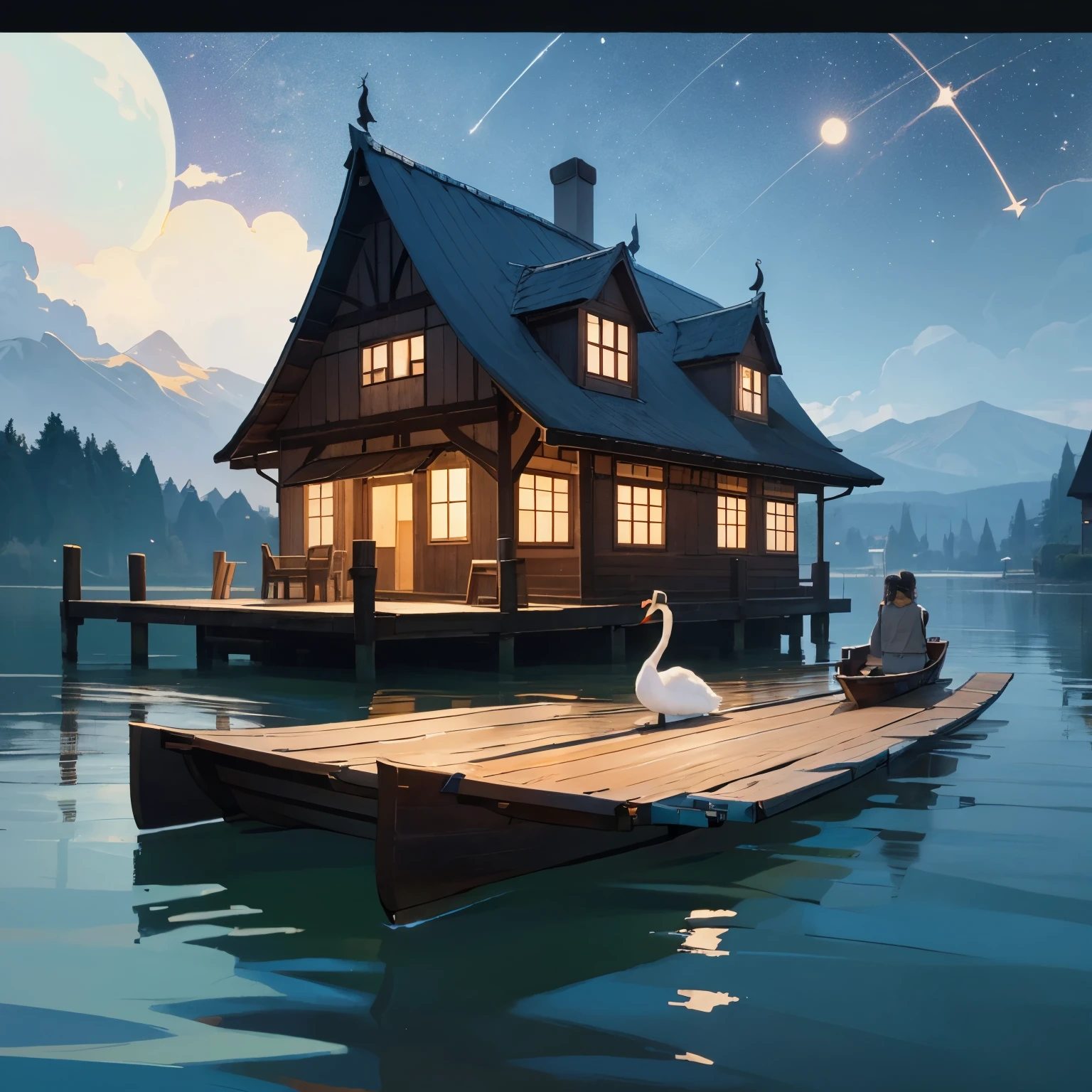 You are an artist with 50 years of professional experience and you should create a picture based on a sketch (siehe Bild) malen:

# [Haus am See]
# Auf der linken Seite, a cozy wooden house with a sloping roof stands on stilts over the water. 
# Durch ein Fenster des Hauses sind Silhouetten von einem Mensch und einer Katze zu erkennen, die darauf hinweisen, dass sich ein Mensch darin befinden.

# [Bootssteg]
# Rechts vom Haus erstreckt sich ein Steg ins Wasser. A small rowing boat is moored on the left side of the jetty and floats gently on the water surface.

# [See]
# Two swans swim gracefully in the water to the right of the jetty. Ihre Bewegungen erzeugen sanfte Wellen.

# [Hintergrund]
# Im Hintergrund erstreckt sich ein dichter Wald aus Kiefern bis zu fernen Bergen. The night sky is dotted with stars, und der schmale Mond leuchtet hell.

# The whole scene exudes tranquility and natural beauty.